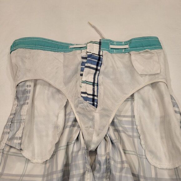 Merona Men's Large Swim Trunks Blue White Green Plaid Elastic Waist Drawstring - Picture 13 of 14